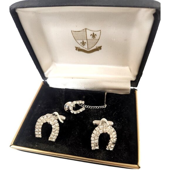 Vintage Silver Horseshoe Cufflinks Tie Pin Set with Rhinestones in Original Box - Picture 1 of 6